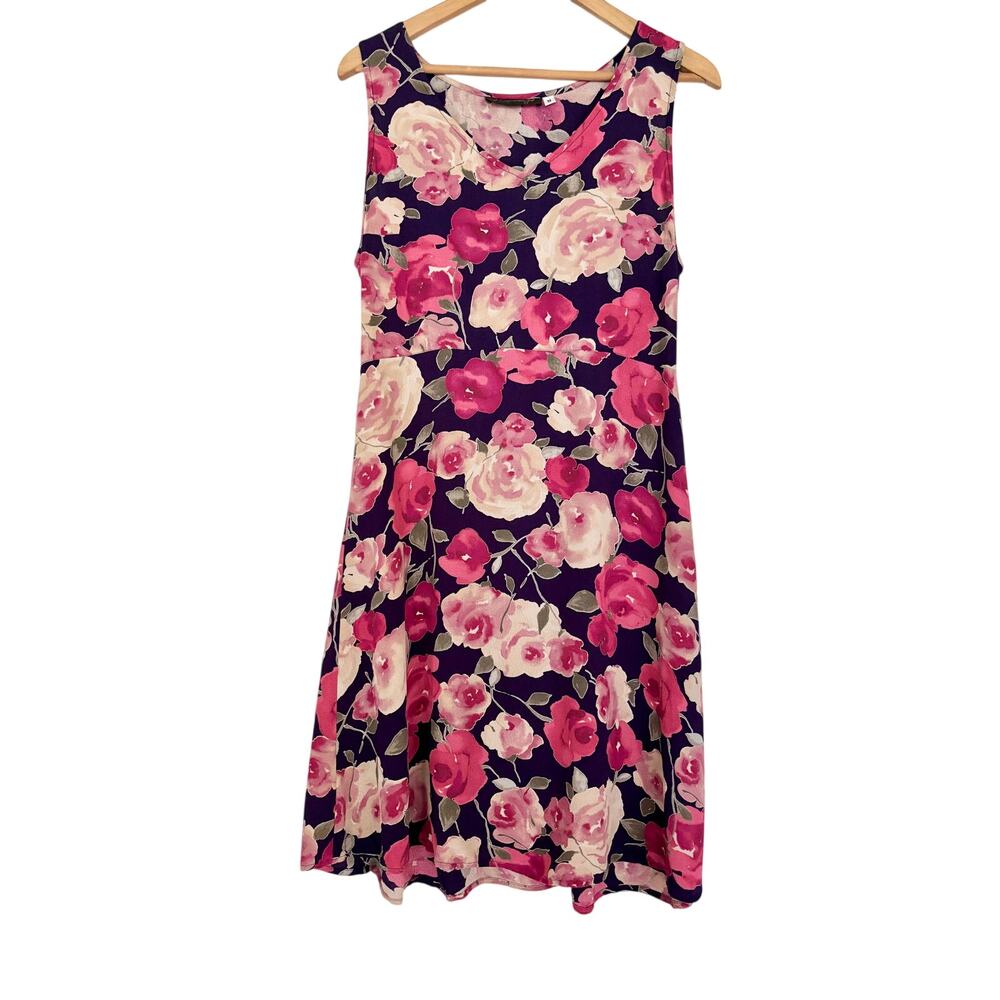 Vintage Y2K Pink & Navy Rose Print Sleeveless Mini Dress — Size Medium